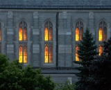 Dawn sunlight shines through the windows of the Basilica