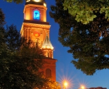 Lewiston City Hall tower at dusk