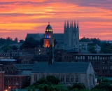 Dawn breaks over Lewiston, Maine, with City Hall, Saints Peter and Paul Basilica and Franco Center