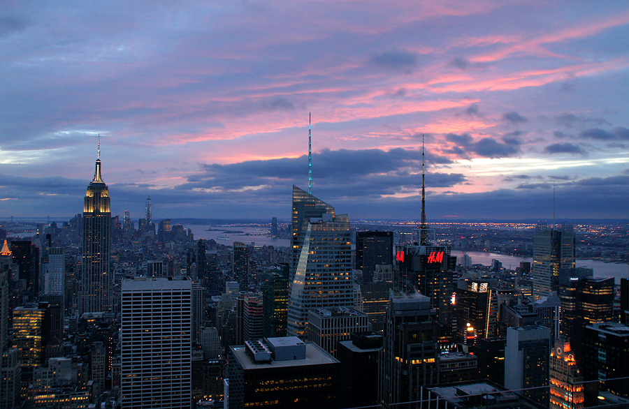 Empire State Building and lower Manhattan from the top of  Rockefeller Tower at dusk-02