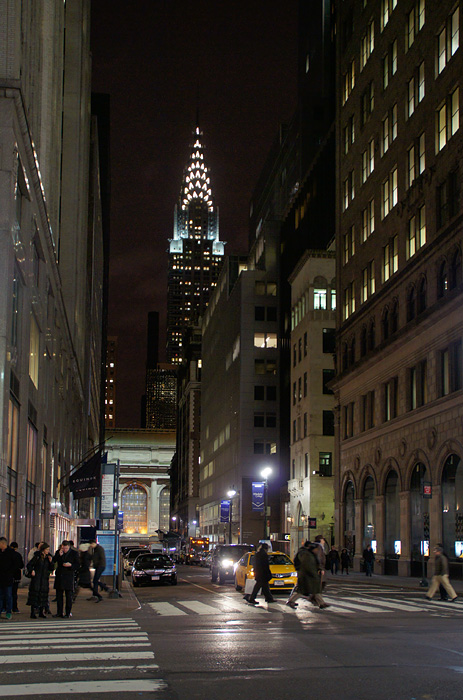 Street scene with Chrysler Building at night