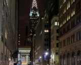 Street scene with Chrysler Building at night